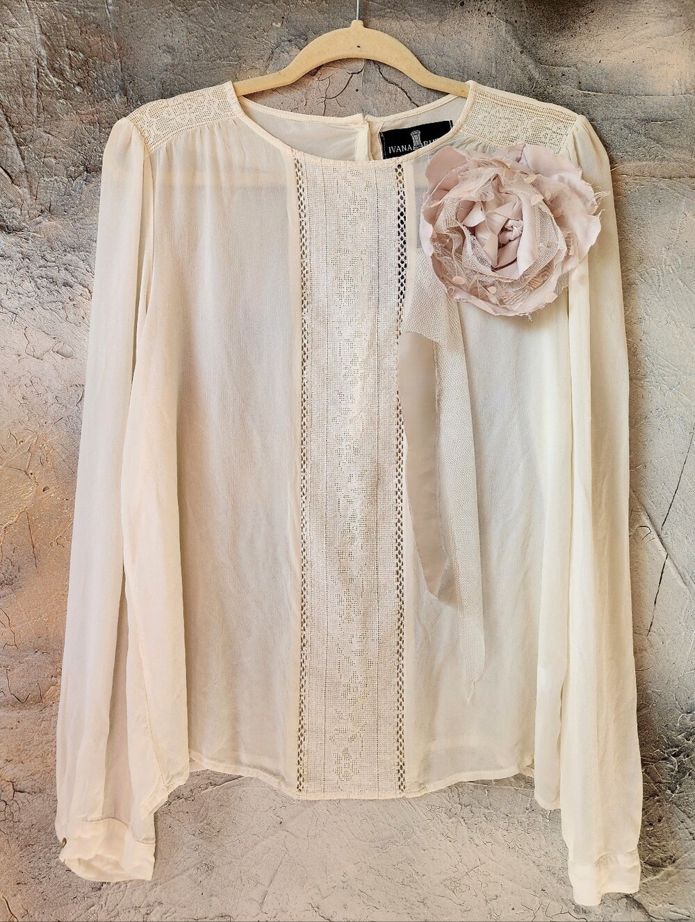 Bohemian Blouse Ivory Textured Lace Creamy Organic Silk Drape Large Rose
